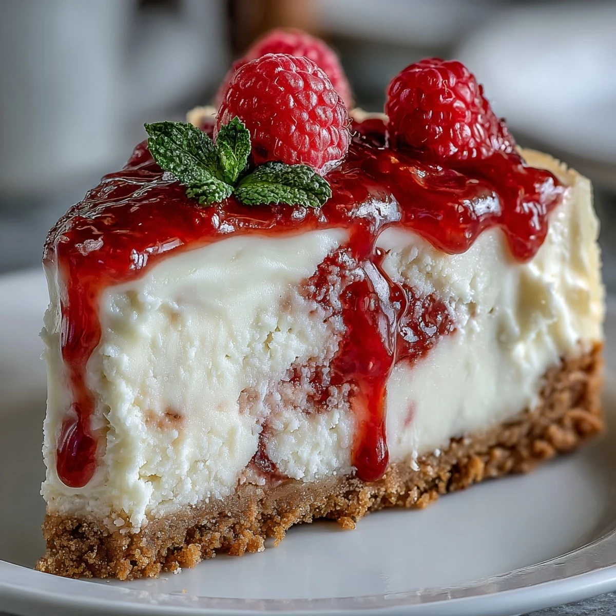 A rich slice of Indulgent White Chocolate Raspberry Cheesecake Bliss, garnished with a fresh raspberry and delicate white chocolate shavings, presenting an elegant dessert perfect for a cozy dinner party.