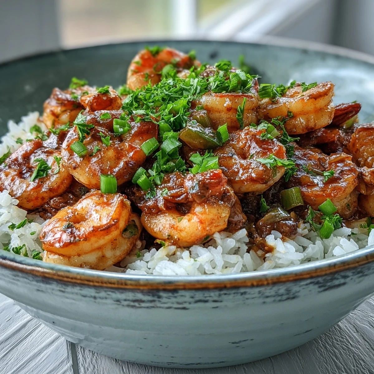 A steaming bowl of Classic New Orleans Étouffée featuring succulent shrimp swimming in a rich, dark roux and served over fluffy white rice.
