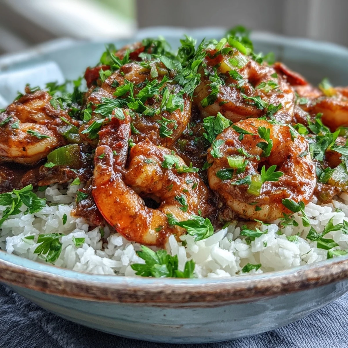 A close-up view of Classic New Orleans Étouffée garnished with fresh parsley and green onions, highlighting the thick, savory Cajun spice sauce.
