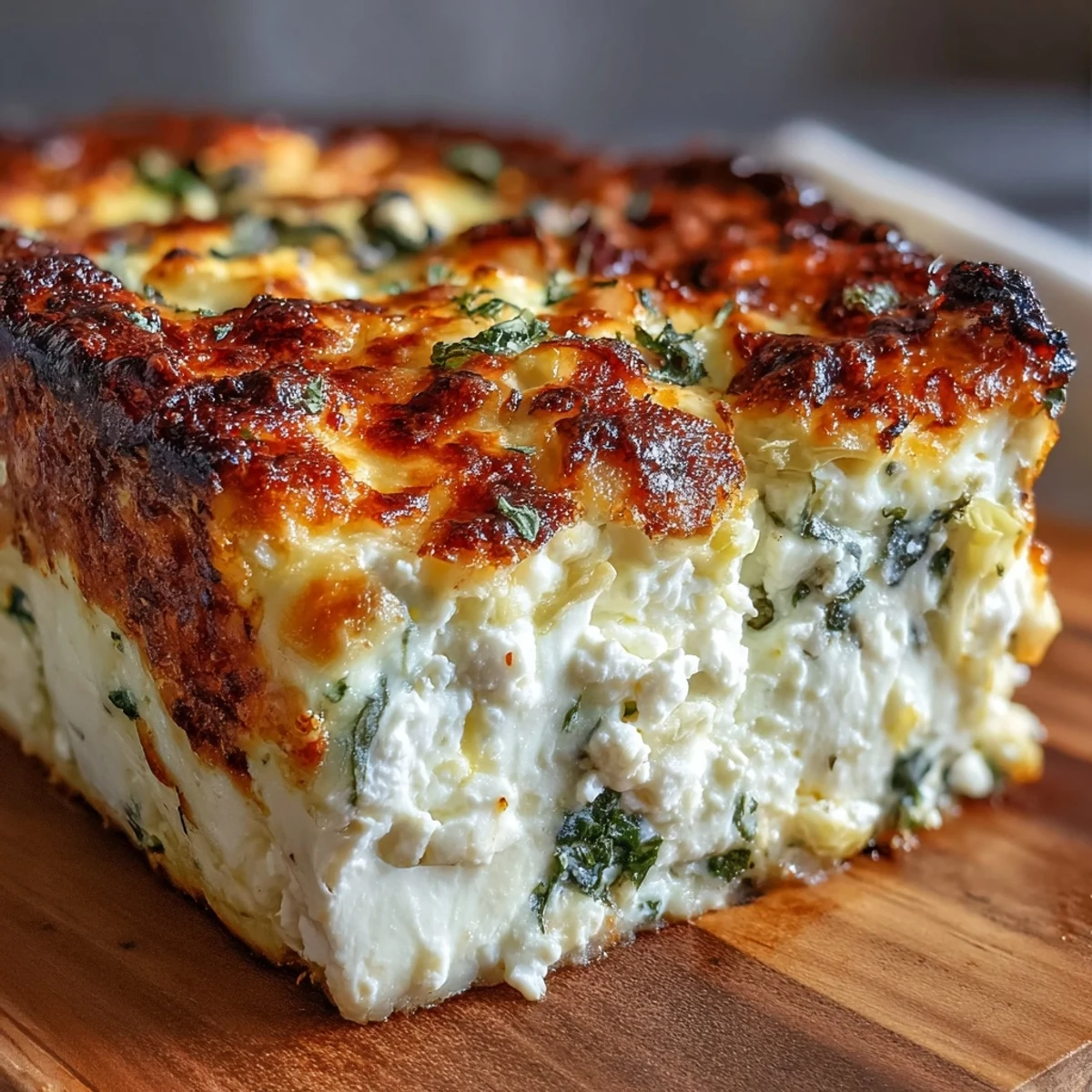 A slice of golden-brown High Protein Spinach Artichoke Bake sits on a white plate, revealing creamy layers of spinach and artichoke.  