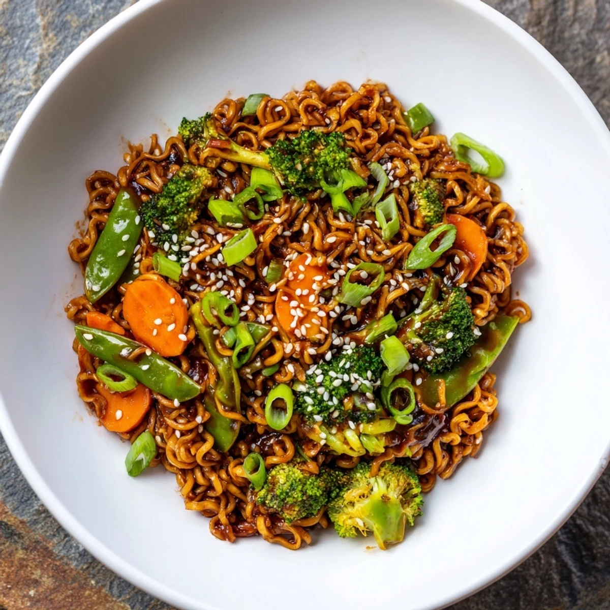 Savory and flavorful Ramen Noodle Stir-Fry Remix sizzling in a wok, garnished with sesame seeds and green onions.