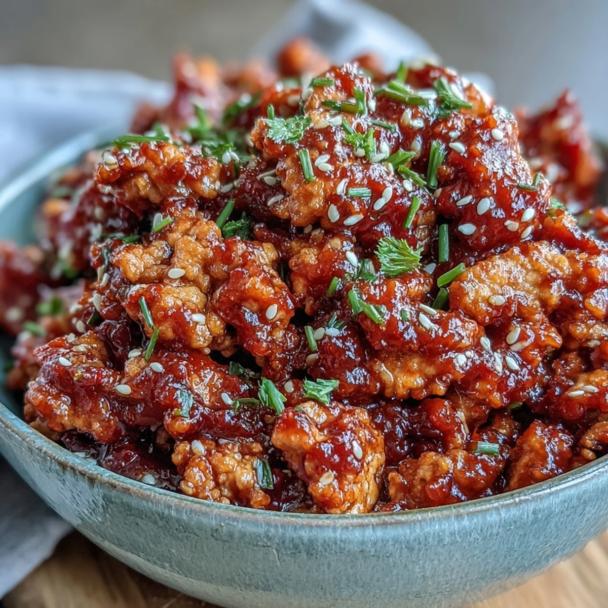 A close-up of Korean-style ground turkey simmering in a glossy, spicy-sweet sauce with flecks of chili and fresh chives.  
