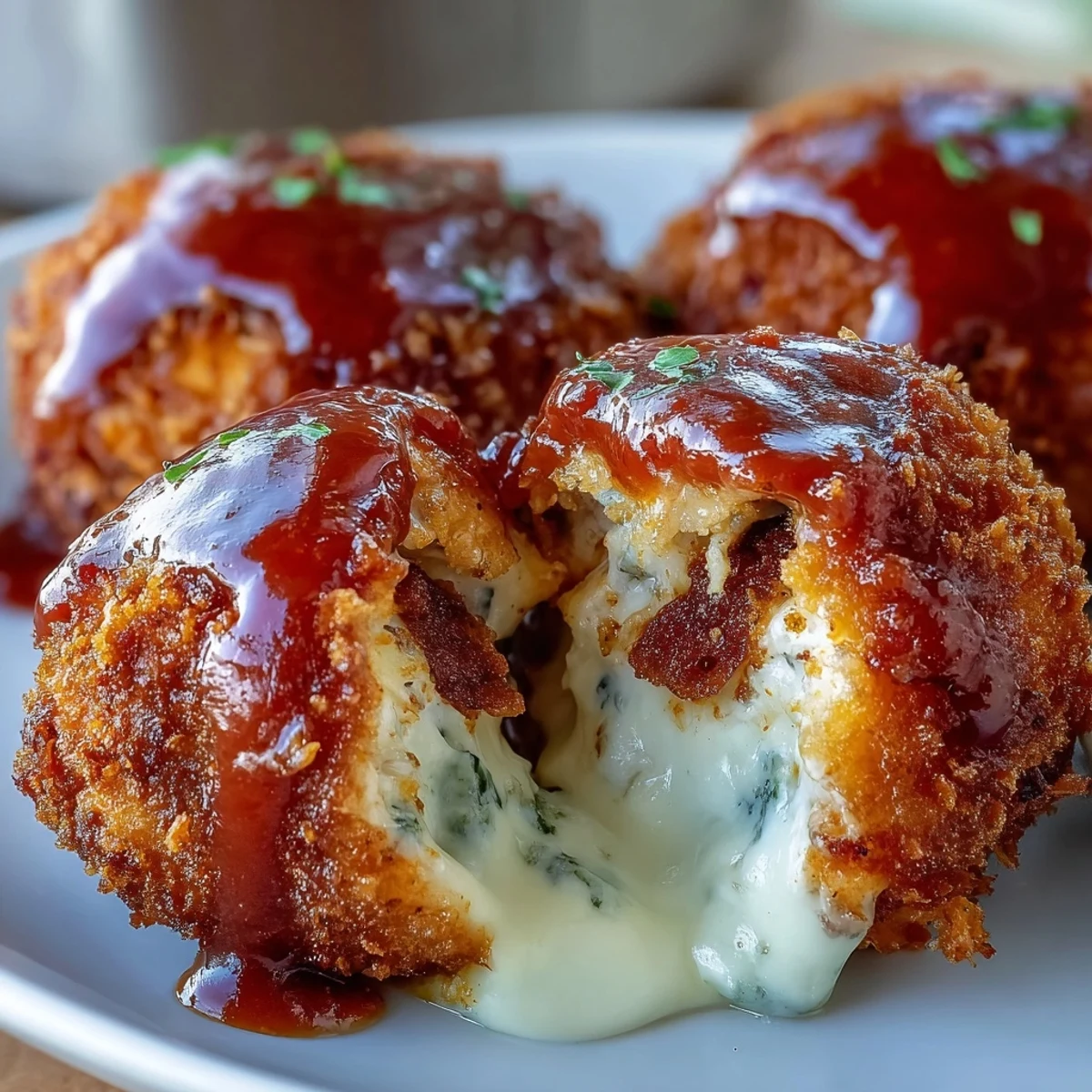 Golden-brown Buffalo Chicken Bacon Mozzarella Bombs arranged on a platter, showcasing their crunchy panko coating and vibrant buffalo sauce drizzle.  
