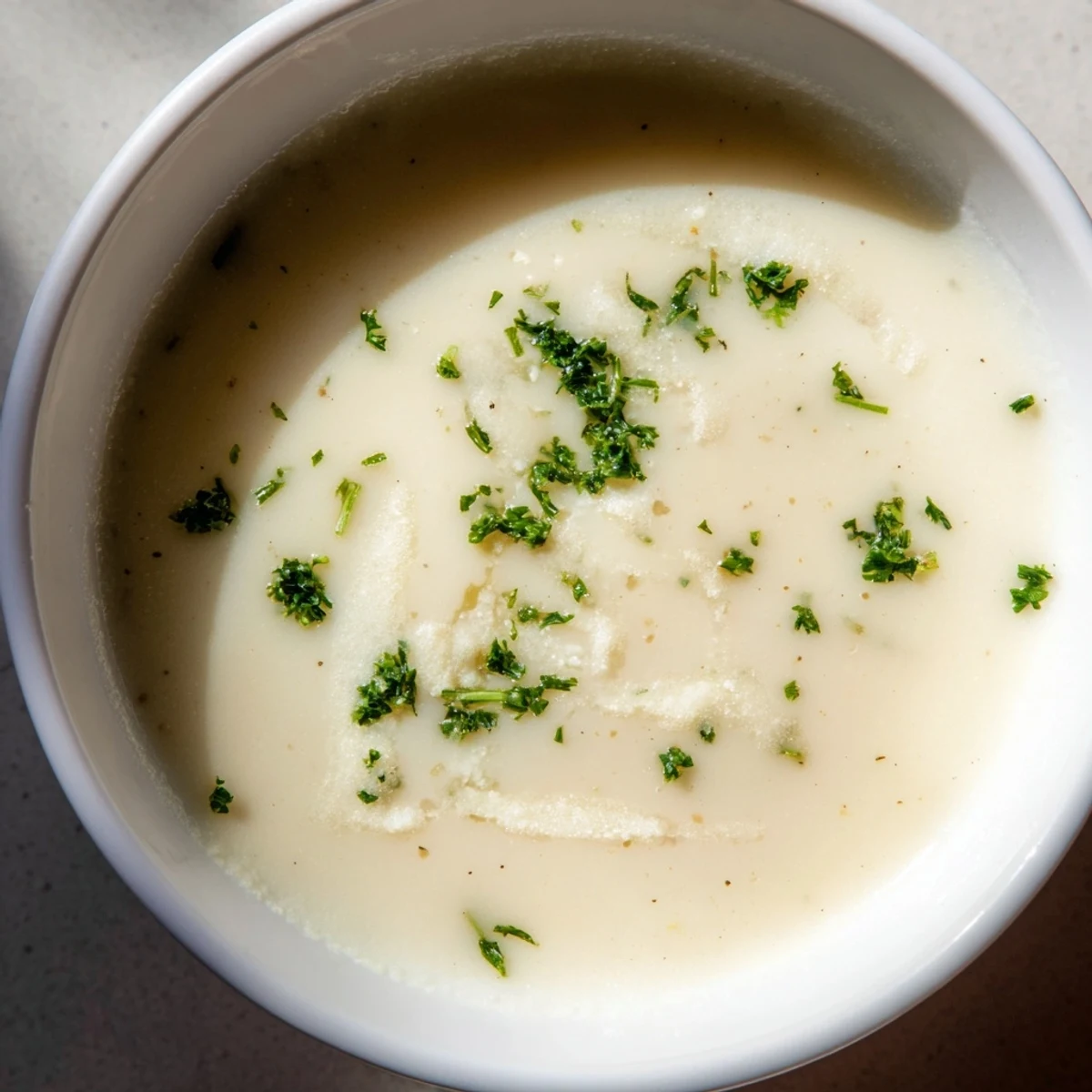 Creamy white bean and Parmesan soup in a rustic bowl, garnished with fresh parsley and extra cheese.