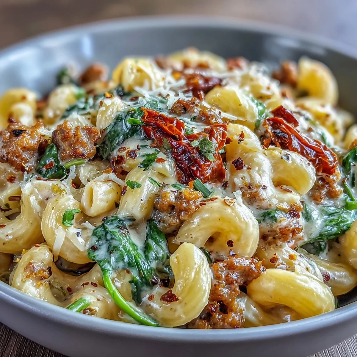 Fresh spinach and grated Parmesan garnish this hearty Creamy Tuscan Chili Mac dish.