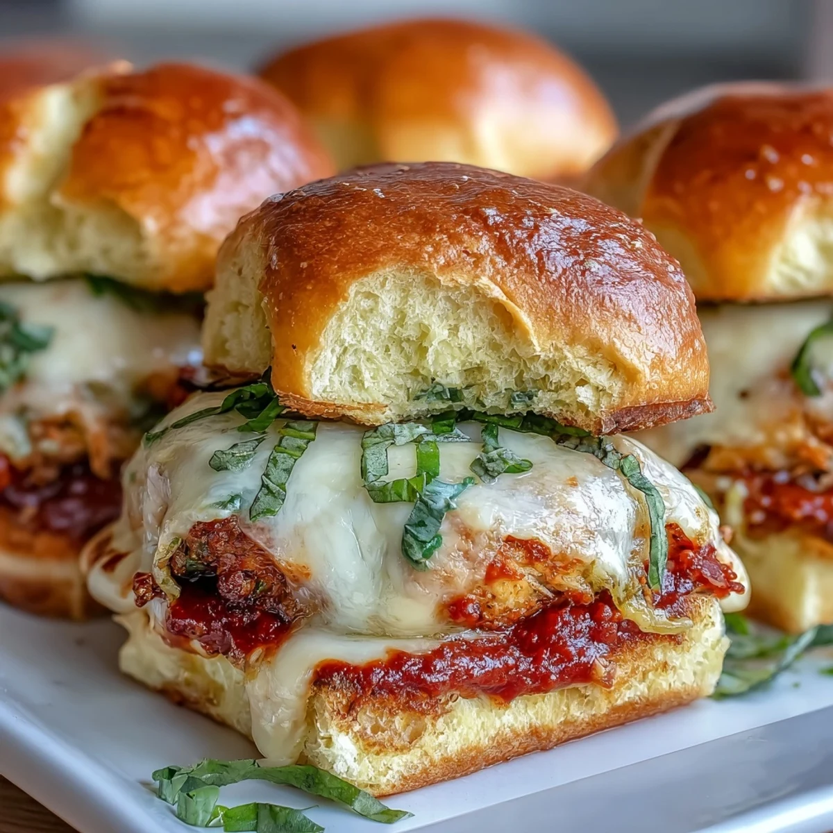 Golden-brown Pesto Chicken Parmesan Sliders on a platter, oozing melted mozzarella and baked to perfection.