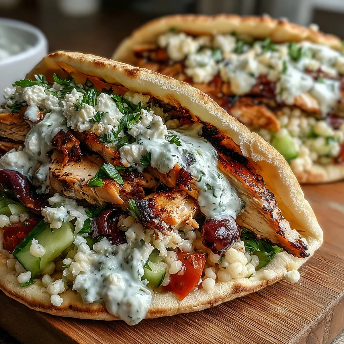 Freshly grilled Greek lemon chicken slices, pearl couscous salad with feta, and creamy tzatziki stuffed inside warm pita pockets.
