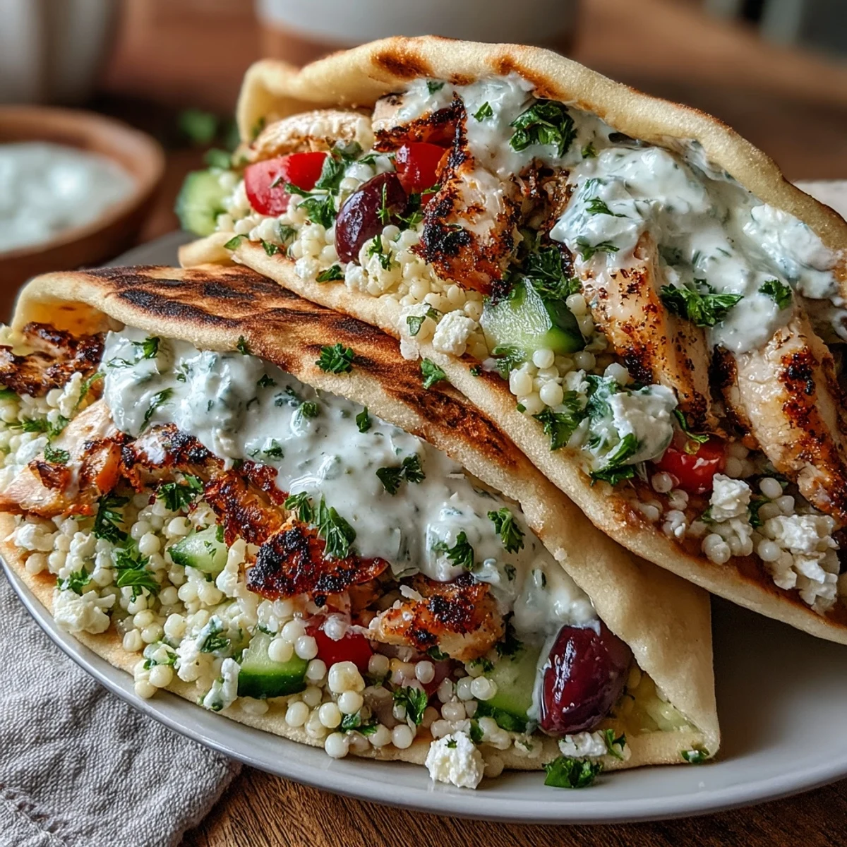 A close-up of a soft pita half, overflowing with tender chicken, vibrant veggies, and a generous dollop of cool tzatziki sauce.