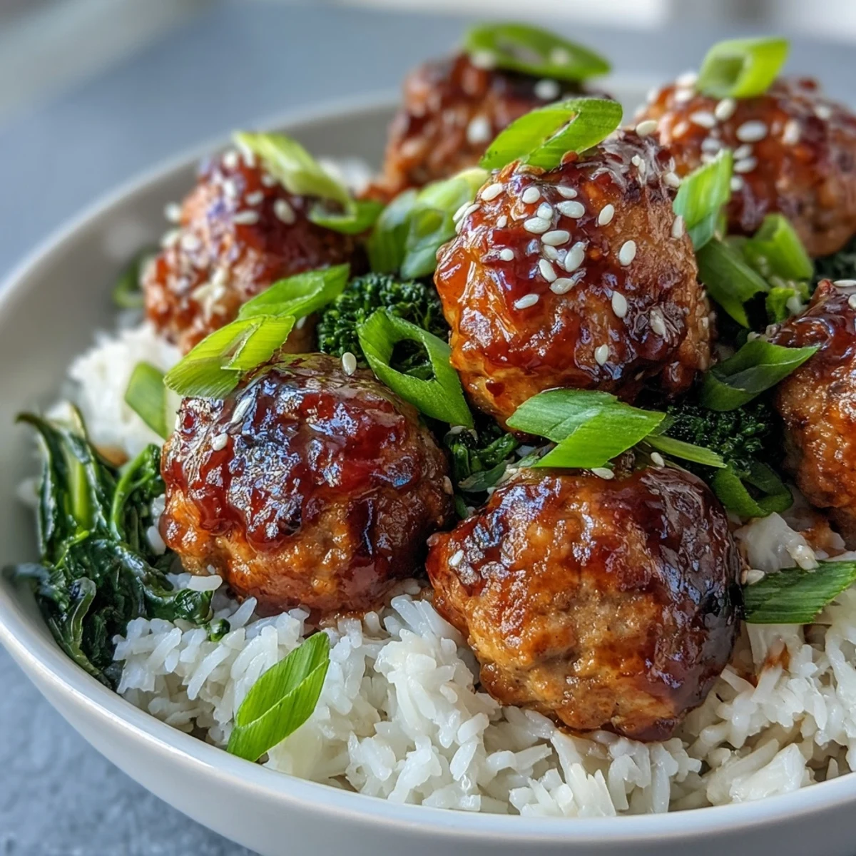 Savory Honey Garlic Turkey Meatball Bowls garnished with sesame seeds and green onions for a weeknight dinner.
