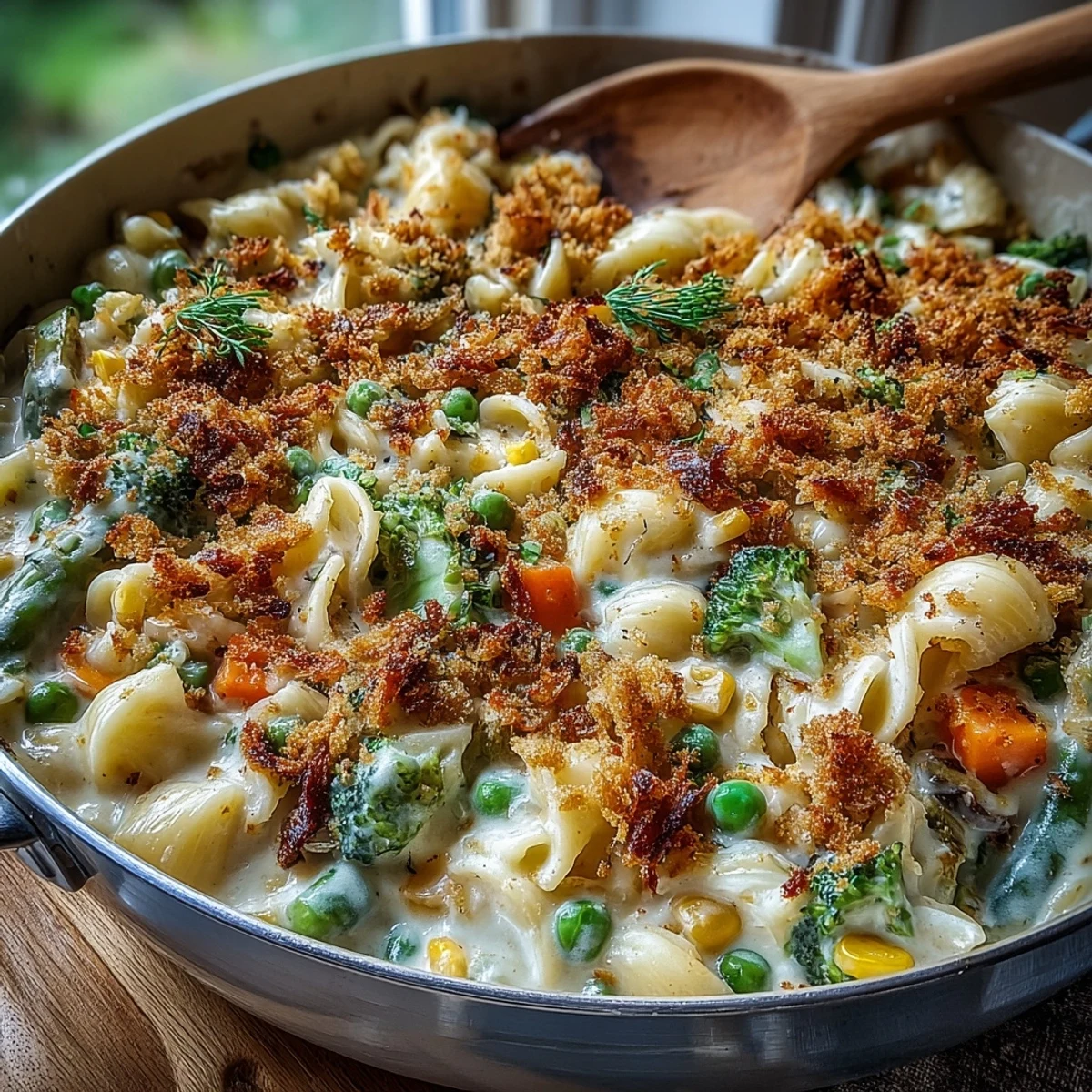 Creamy Veggie Pot Pie Pasta served in a rustic bowl with golden biscuit crumbs, steaming and ready to enjoy.
