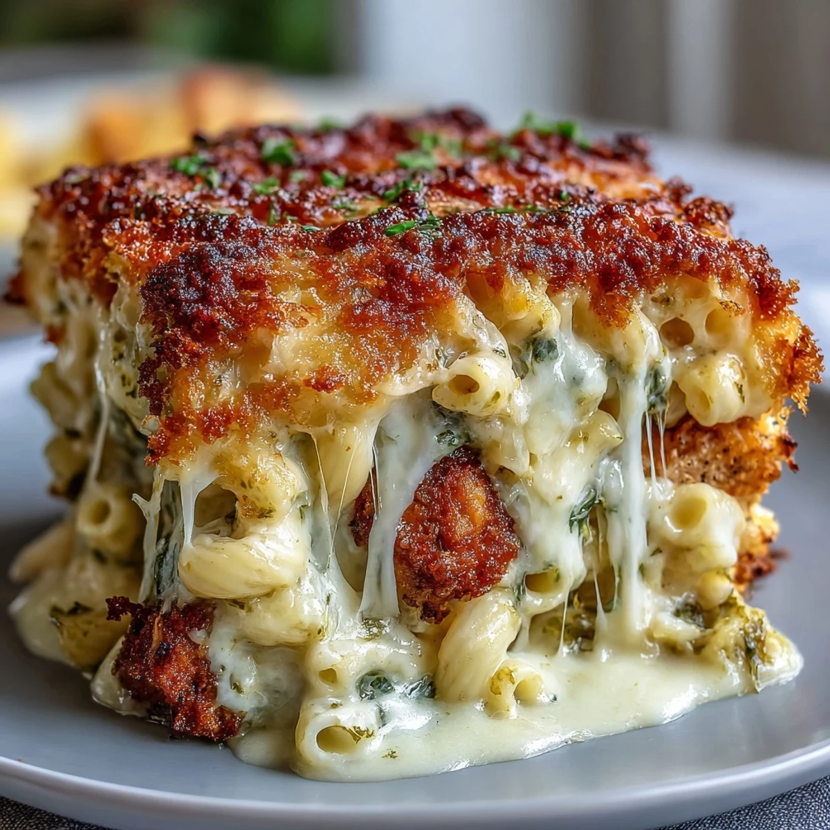 Golden Baked Pesto Chicken Mac & Cheese casserole with a crispy panko topping and bubbly cheese.