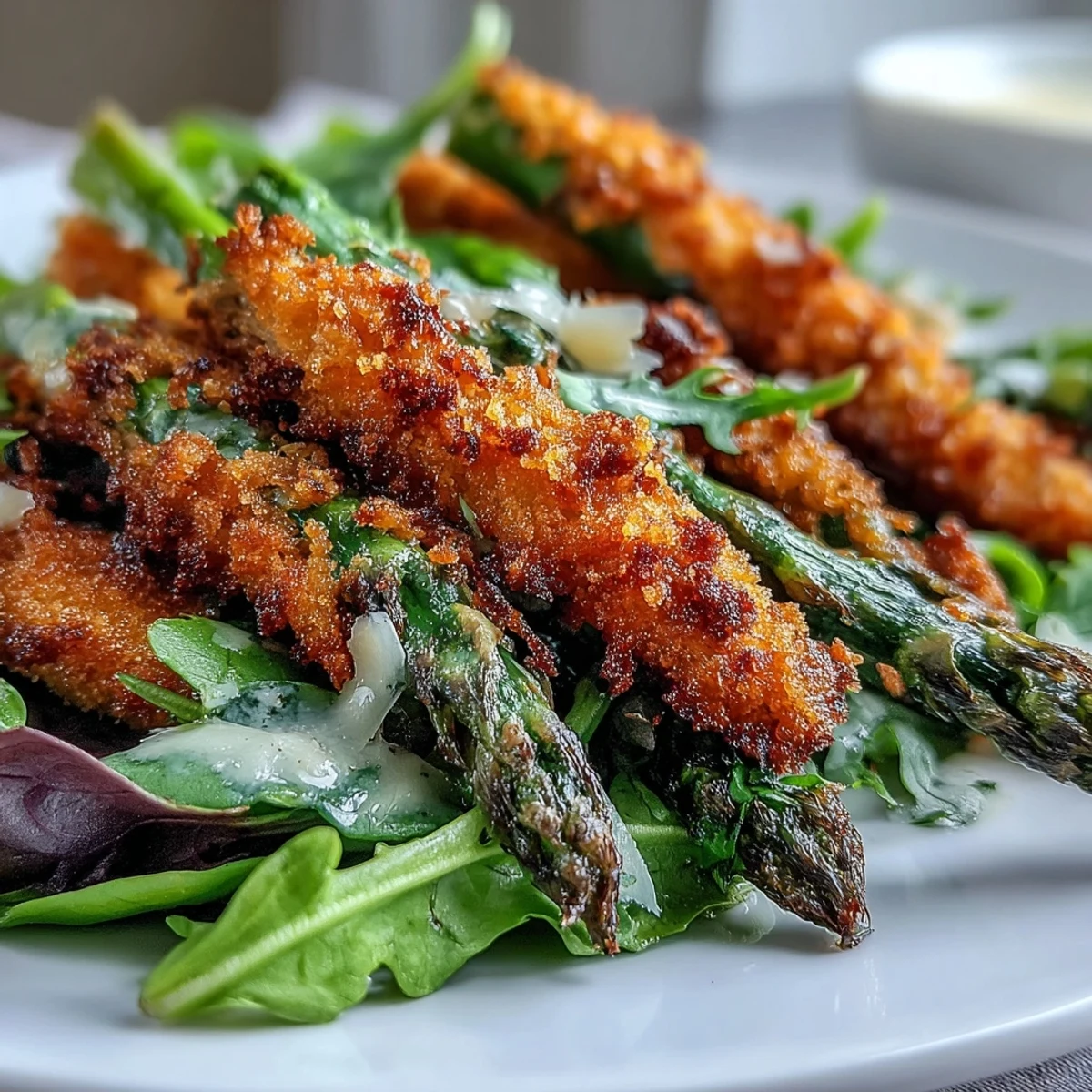 Freshly baked Parmesan-crusted asparagus spears top a vibrant salad bowl with shredded chicken, cherry tomatoes, and red onion.
