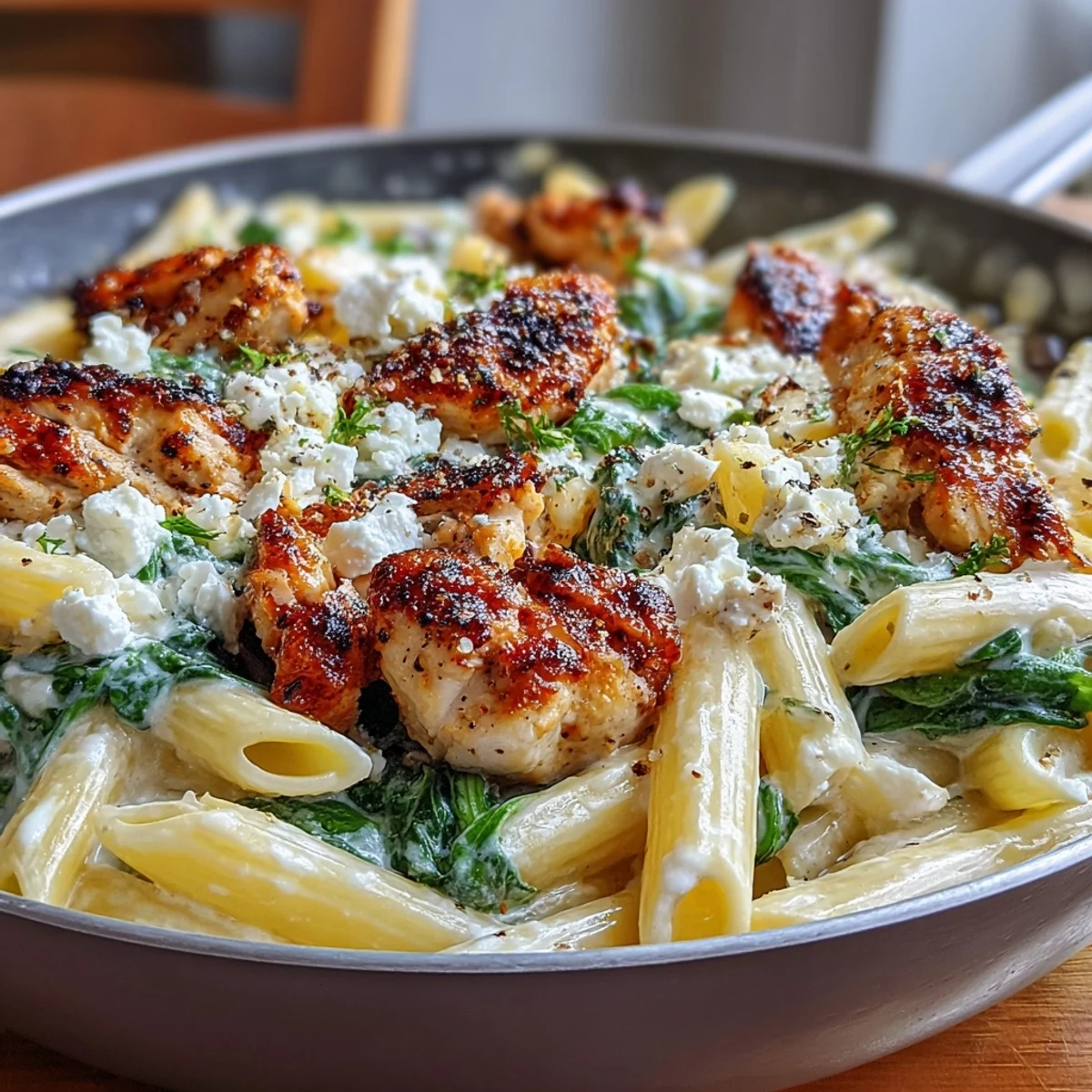 One-skillet Greek Chicken Feta Pasta with spinach and lemon garnish on a rustic wooden table.