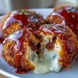 Golden-brown Buffalo Chicken Bacon Mozzarella Bombs arranged on a platter, showcasing their crunchy panko coating and vibrant buffalo sauce drizzle.  