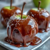 Glossy red candy apples with a smooth white chocolate drizzle, perfect for autumn festivals and Halloween parties.
