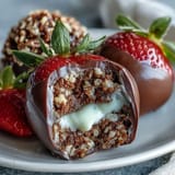 Luxurious strawberry-chocolate Easter eggs filled with hazelnut crunch, crisped rice, and golden decoration for festive dessert.