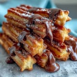 Golden, crispy churro bites coated in cinnamon sugar, served with rich chocolate dipping sauce for a festive Cinco de Mayo dessert.  