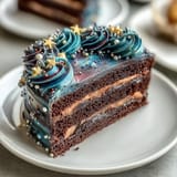 Stunning celestial-themed cake featuring deep galaxy swirls in navy, purple, and pink buttercream, topped with edible gold and silver stars.