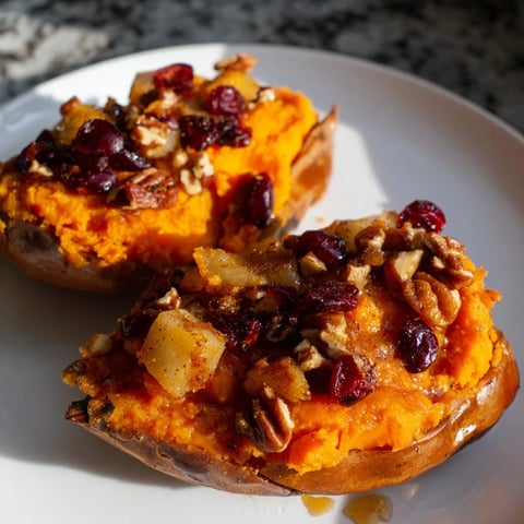 Golden, steaming Cranberry Apple Twice-Baked Sweet Potatoes, topped with pecans for a delightful fall side.