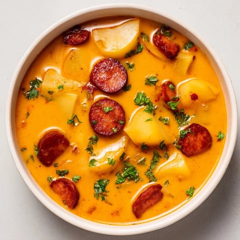 Creamy Chorizo Potato Soup: steaming bowl of hearty soup with chunky potatoes and spicy sausage visible.