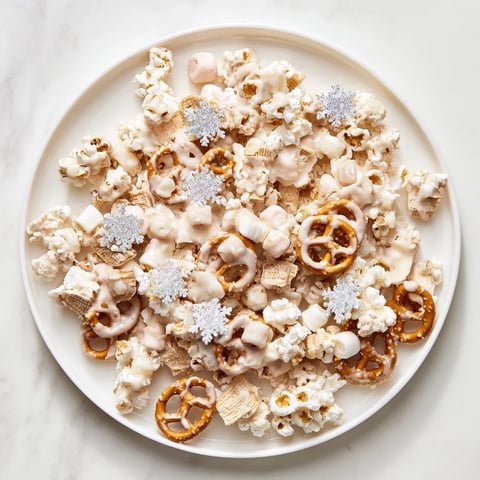 Close-up of Ski Season Snowflake Snack Mix, sweet and crunchy with white chocolate coating and sprinkles.