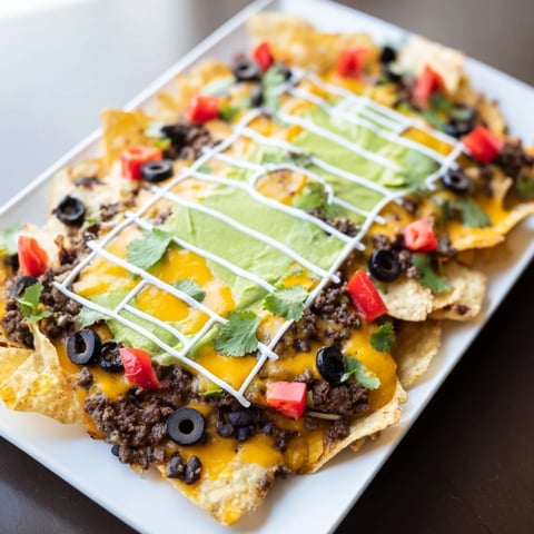 A vibrant soccer field nacho platter featuring cheesy nachos, seasoned meat, and festive toppings for game day.