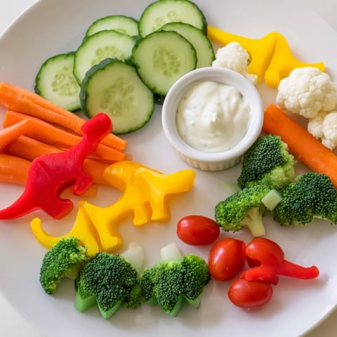 Dino-Mite Dinosaur Fossil Crudités: a colorful veggie platter with hummus, creatively arranged as playful fossils.