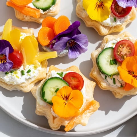 Vibrant Fairy Garden Flower Shaped Snacks with colorful veggie toppings, a delightful appetizer.