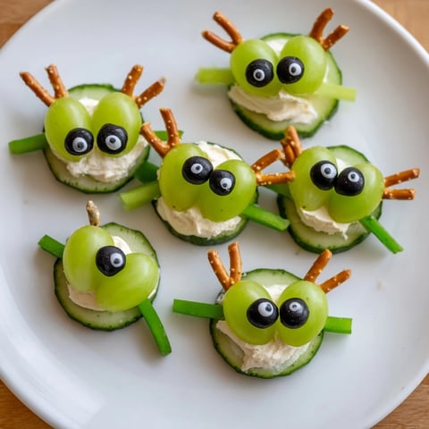 Little Green Men Alien Snack Attack with cucumber faces, grapes, and pretzel antennae—fun party food.