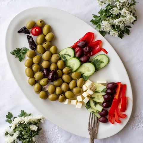 Colombe de la Paix Olive Platter: a vibrant spread of olives, cheeses, and colorful garnishes artfully arranged.