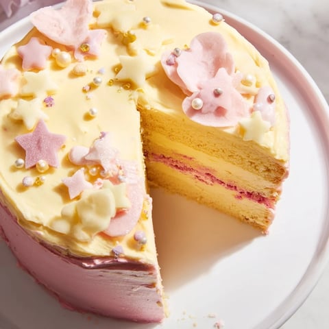 A whimsical Château de Princesse Cœurs et Étoiles cake with heart and star sprinkles, ready to serve.