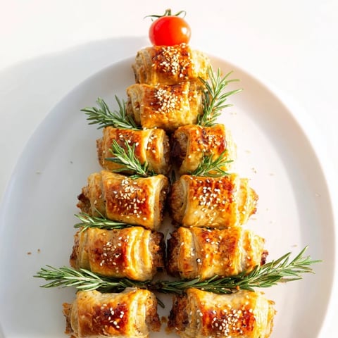 Golden, baked Savory Bites: Mini Sausage Roll Christmas Tree arranged for holiday appetizer platters.
