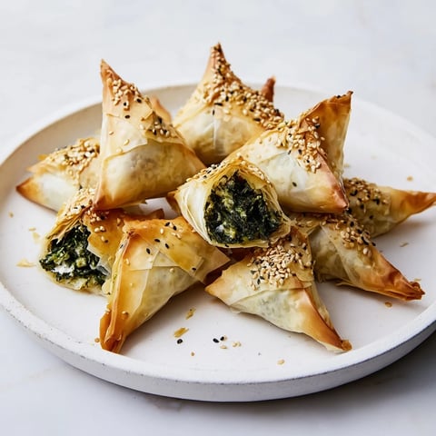 Golden and crispy Mini Spanakopita Triangle Cluster, filled with savory spinach and feta, perfectly baked.