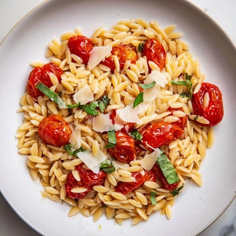 Golden, creamy Orzo Tomato Parmesan pasta dish with vibrant red cherry tomatoes and fresh basil.