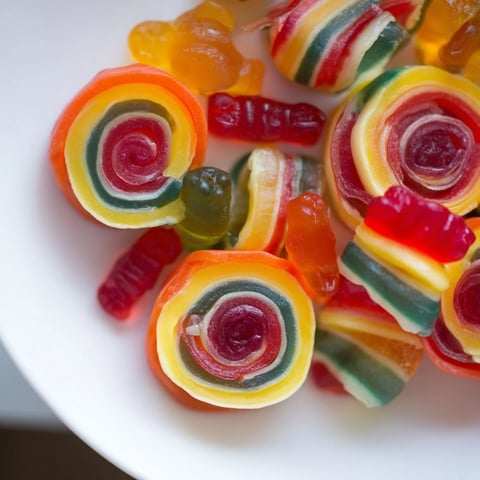 Vibrant, colorful Rainbow Candy Roll Ups, a delicious snack with layers of chewy fruit roll-ups.