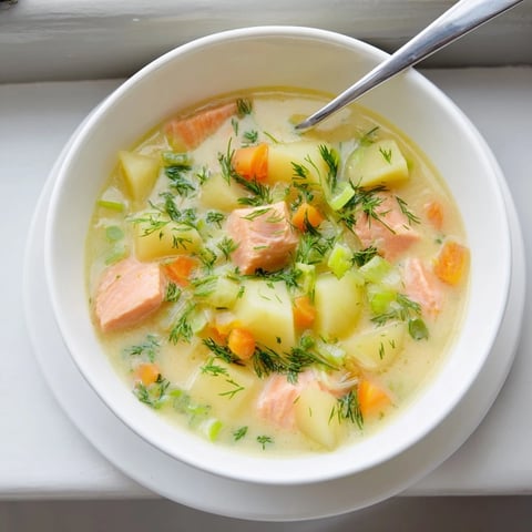 Creamy Finnish Salmon Soup with tender salmon, soft potatoes, and fresh dill served steaming hot.