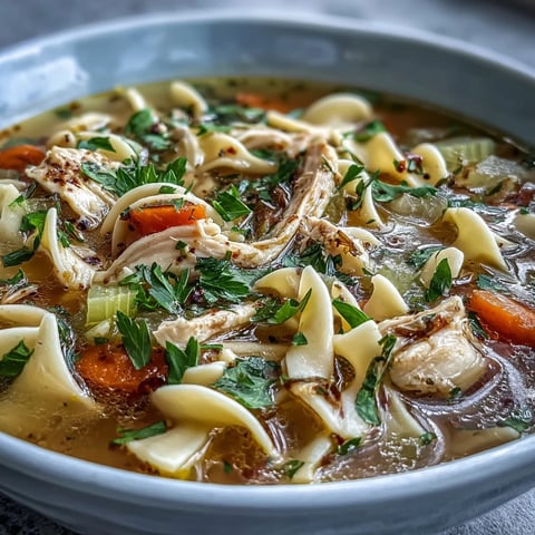A steaming bowl of homemade Chicken and Noodle Soup, featuring tender shredded chicken, diced carrots, and wide egg noodles swimming in a golden, savory broth garnished with fresh parsley.