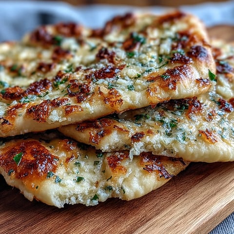 Golden-brown Best Easy Garlic Naan Bread fresh from the skillet, brushed with melted butter and minced garlic.