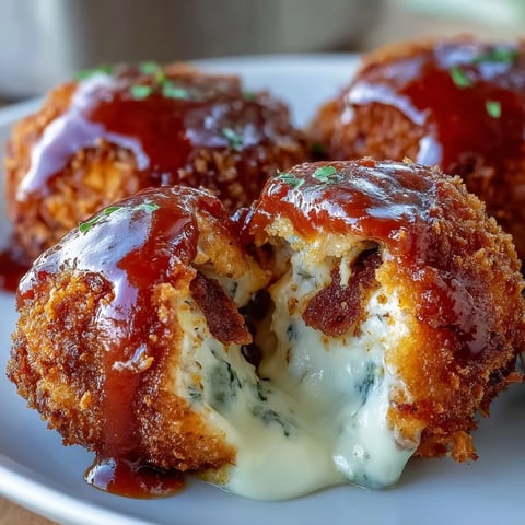 Golden-brown Buffalo Chicken Bacon Mozzarella Bombs arranged on a platter, showcasing their crunchy panko coating and vibrant buffalo sauce drizzle.  