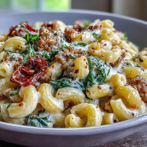 Creamy Tuscan Chili Mac steams in a bowl, with wilted spinach and sun-dried tomatoes visible.