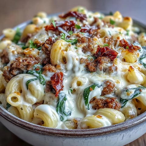 Creamy Tuscan Chili Mac steaming in a skillet with melted mozzarella and Parmesan, spinach wilted into a rich red sauce.