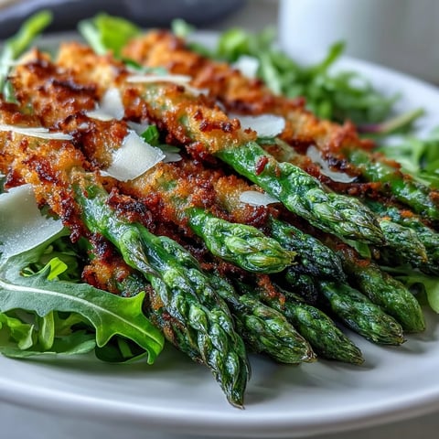 Golden-brown crispy Parmesan asparagus chicken salad sits on a white plate with fresh greens, tomatoes, and lemon dressing.