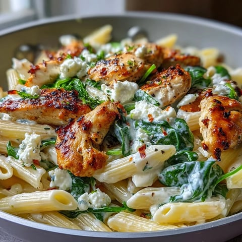 Creamy Greek Chicken Feta Pasta Skillet with lemon wedges and fresh parsley served hot.