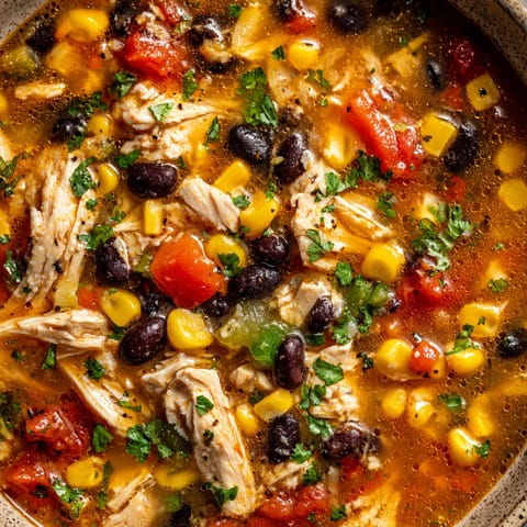 A bowl of soup with chicken and vegetables.