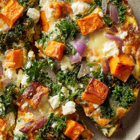 A slice of a sweet potato and kale frittata.