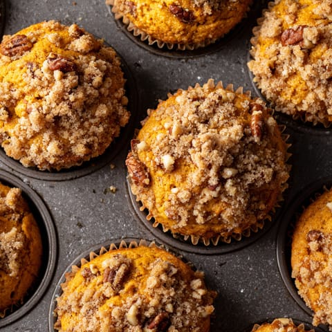 Sweet potato and pecan muffins with cinnamon streusel.