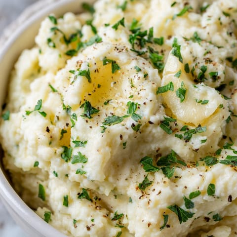 A bowl of mashed cauliflower with herbs and garlic.