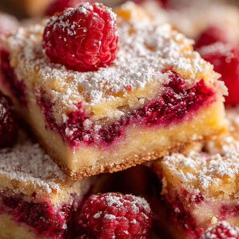A slice of cake with raspberries on top.