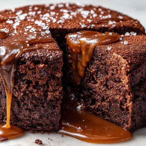 A slice of chocolate cake with caramel drizzle.