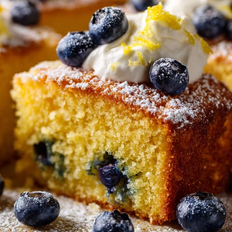 A slice of cake with blueberries and whipped cream.